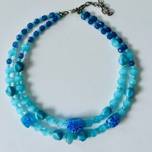Blue Beaded Double Strand Choker Necklace